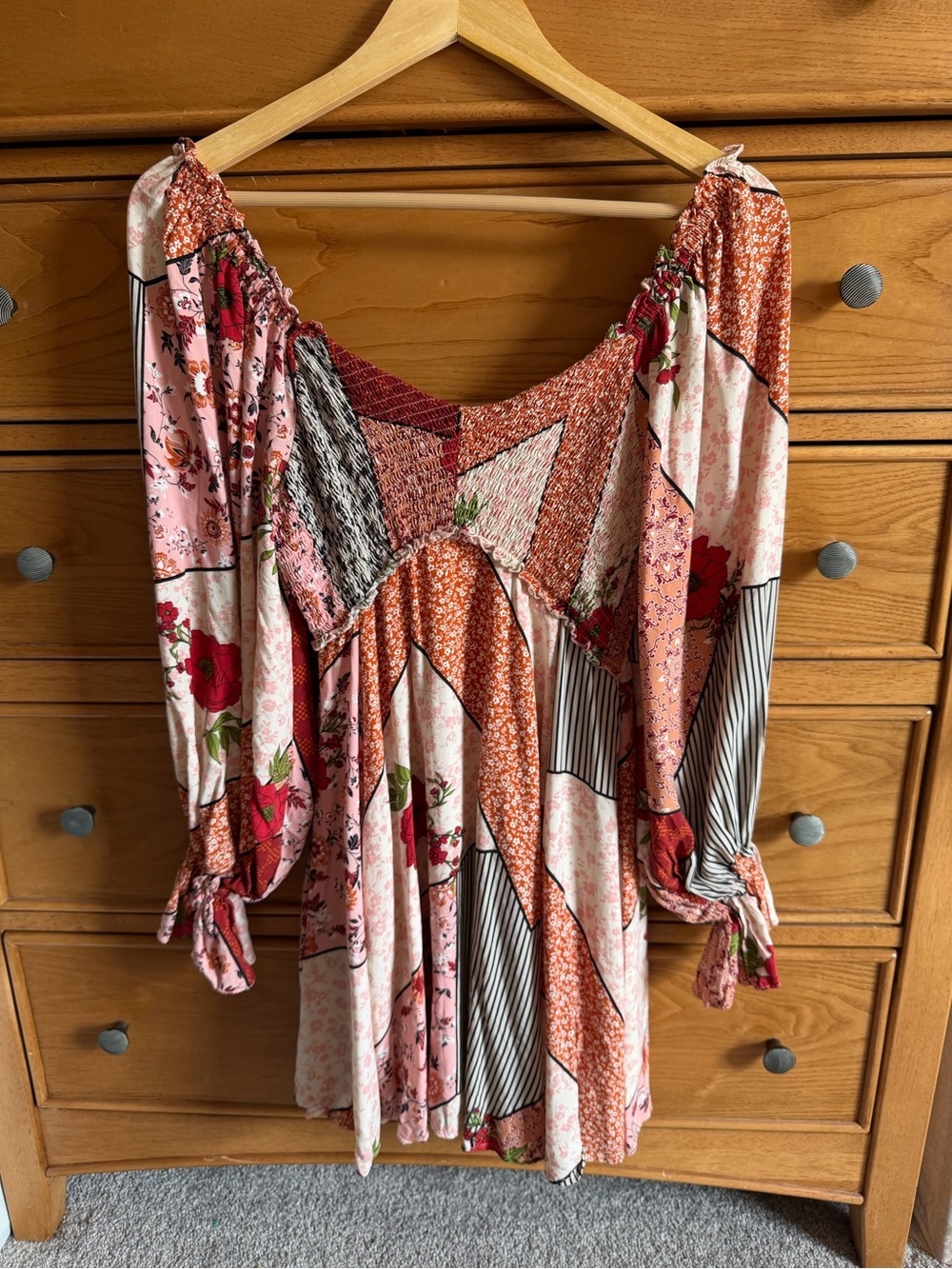 Floral Patchwork Bohemian Mini Dress Womens Size S Smocked Bodice Cottagecore